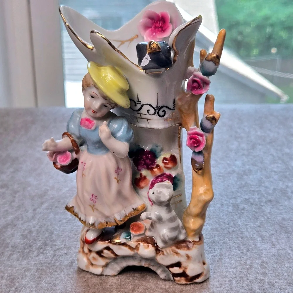 Vtg Camille Naudot Porcelain Figurine Vase Young Girl With Cat and Pink Roses